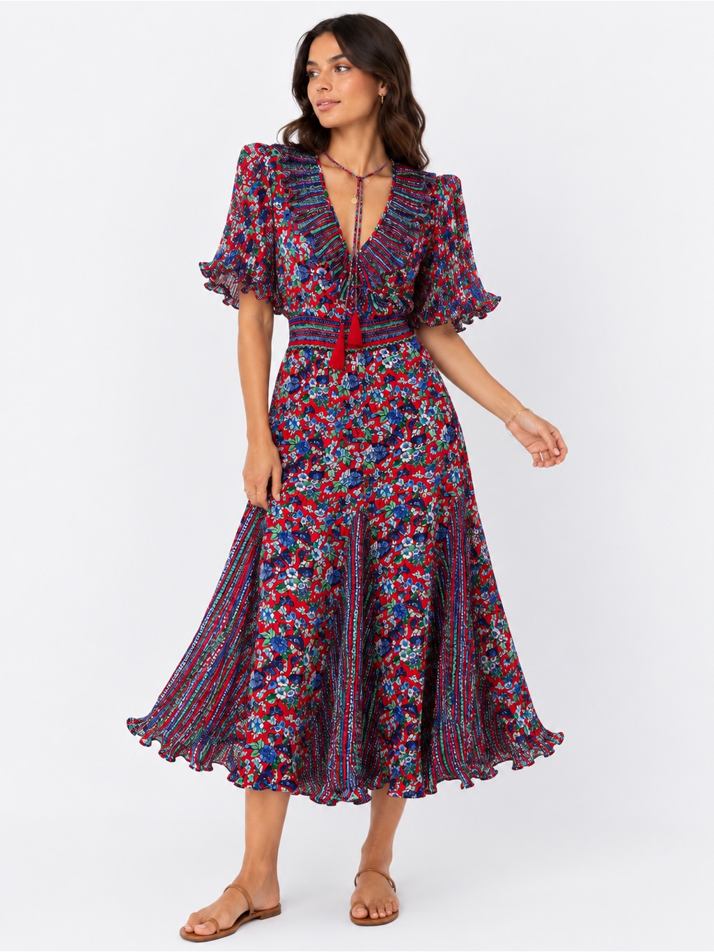 Rare 80s Diane Freis Red Butterfly Floral Georgette Dress Ruffle Tassel Smocked